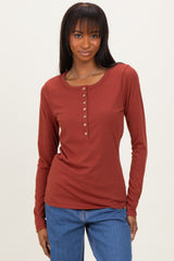 Rust Solid Ribbed Long Sleeve Button Down Tunic Top