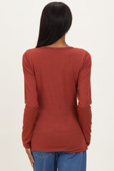 Rust Solid Ribbed Long Sleeve Button Down Tunic Top