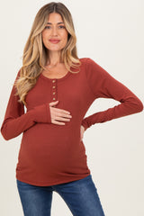 Rust Solid Ribbed Long Sleeve Button Down Maternity Tunic Top