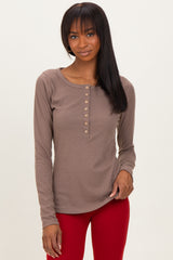 Mocha Solid Ribbed Long Sleeve Button Down Maternity Tunic Top