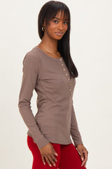 Mocha Solid Ribbed Long Sleeve Button Down Tunic Top