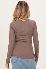 Mocha Solid Ribbed Long Sleeve Button Down Maternity Tunic Top