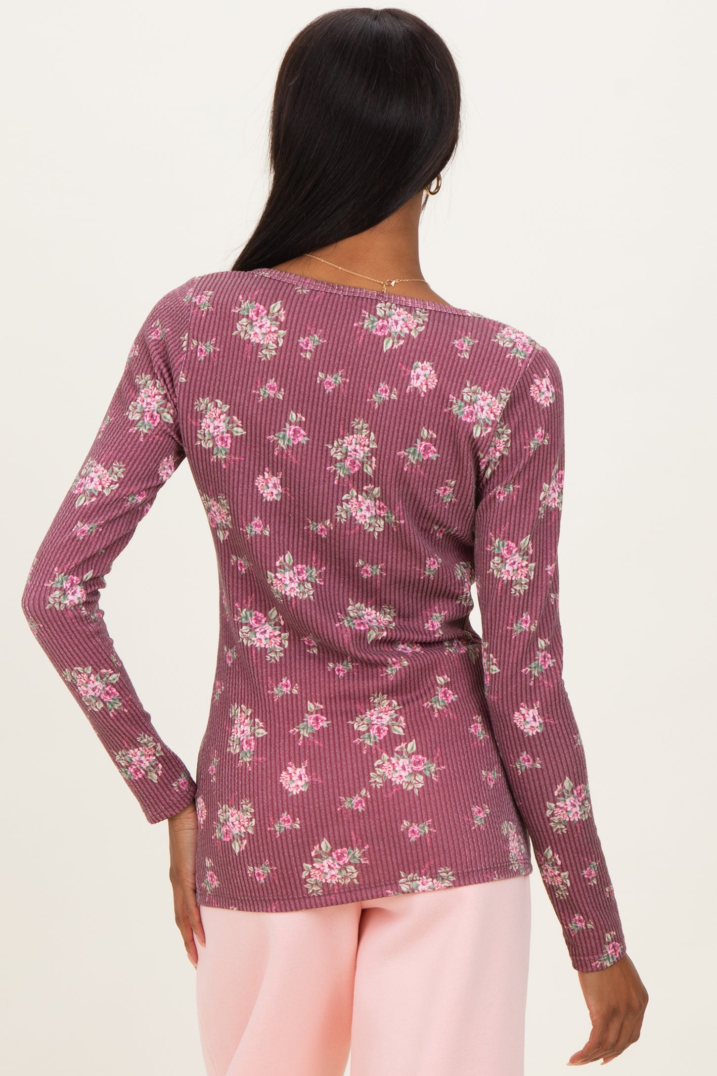 Burgundy Floral Ribbed Long Sleeve Button Down Tunic Top