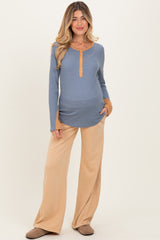 Light Camel Mineral Wash Waffle Knit Contrast Maternity Lounge Pants