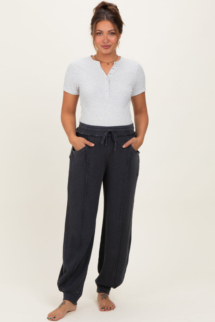 Black Raw Seam Waffle Knit Maternity Joggers