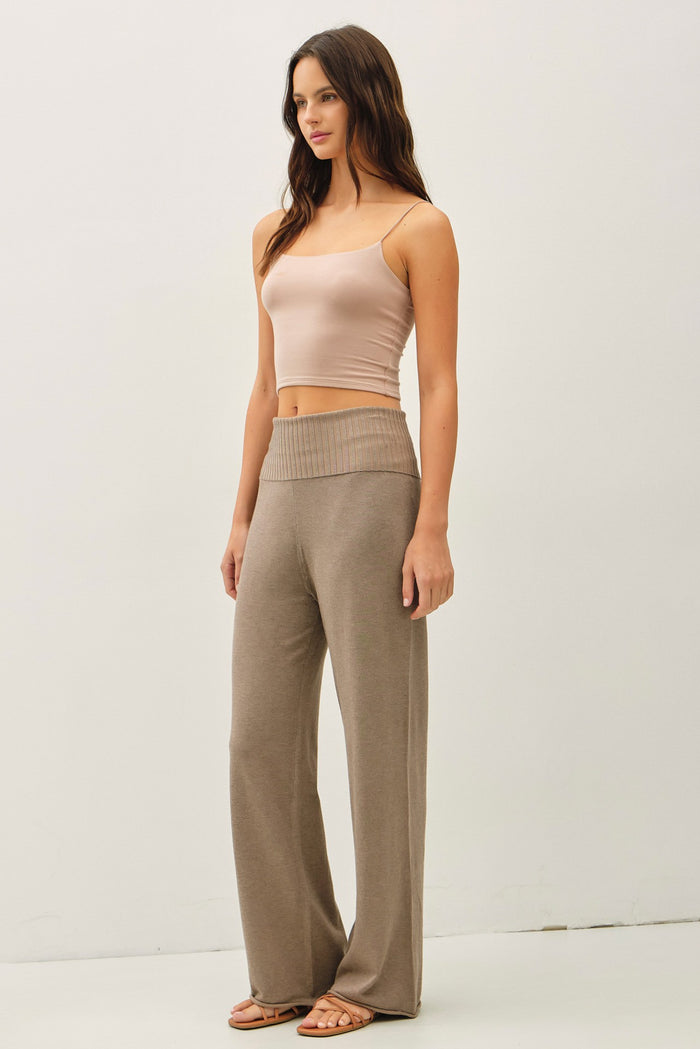 Mocha Ribbed Knit Foldover Waist Pants