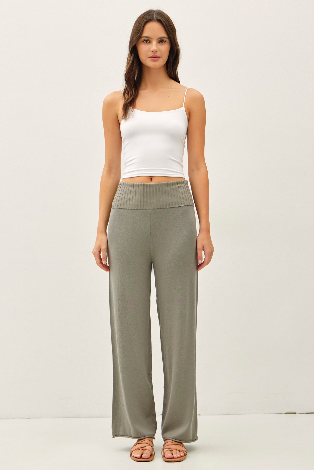 Olive Ribbed Knit Foldover Waist Pants