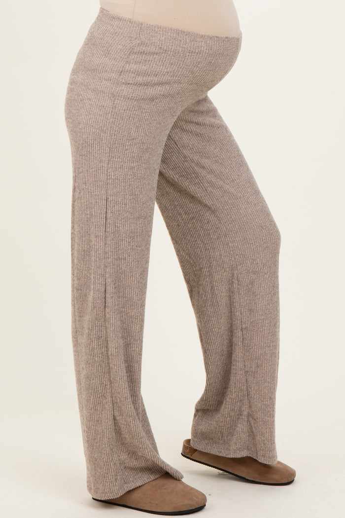 Beige Brushed Knit Flare Leg Maternity Pants