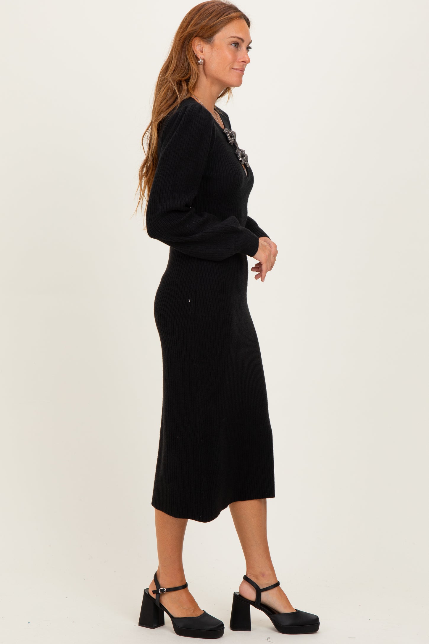 Black Ribbed Bow Detail Midi Sweater Dress