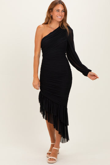 Black Mesh Ruched One Shoulder Asymmetric Dress