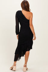 Black Mesh Ruched One Shoulder Asymmetric Dress