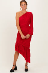 Red Mesh Ruched One Shoulder Asymmetric Dress