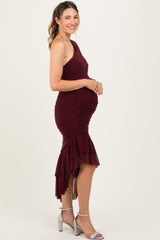 Dark Burgundy Mesh Ruched One Shoulder Asymmetric Maternity Dress