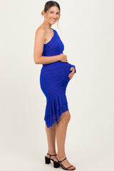 Royal Blue Mesh Ruched One Shoulder Asymmetric Maternity Dress