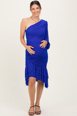 Royal Blue Mesh Ruched One Shoulder Asymmetric Maternity Dress