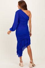 Royal Blue Mesh Ruched One Shoulder Asymmetric Dress