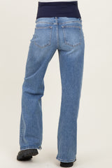 maternity wear blue denim straight leg jeans with a comfortable waistband, seen from the back