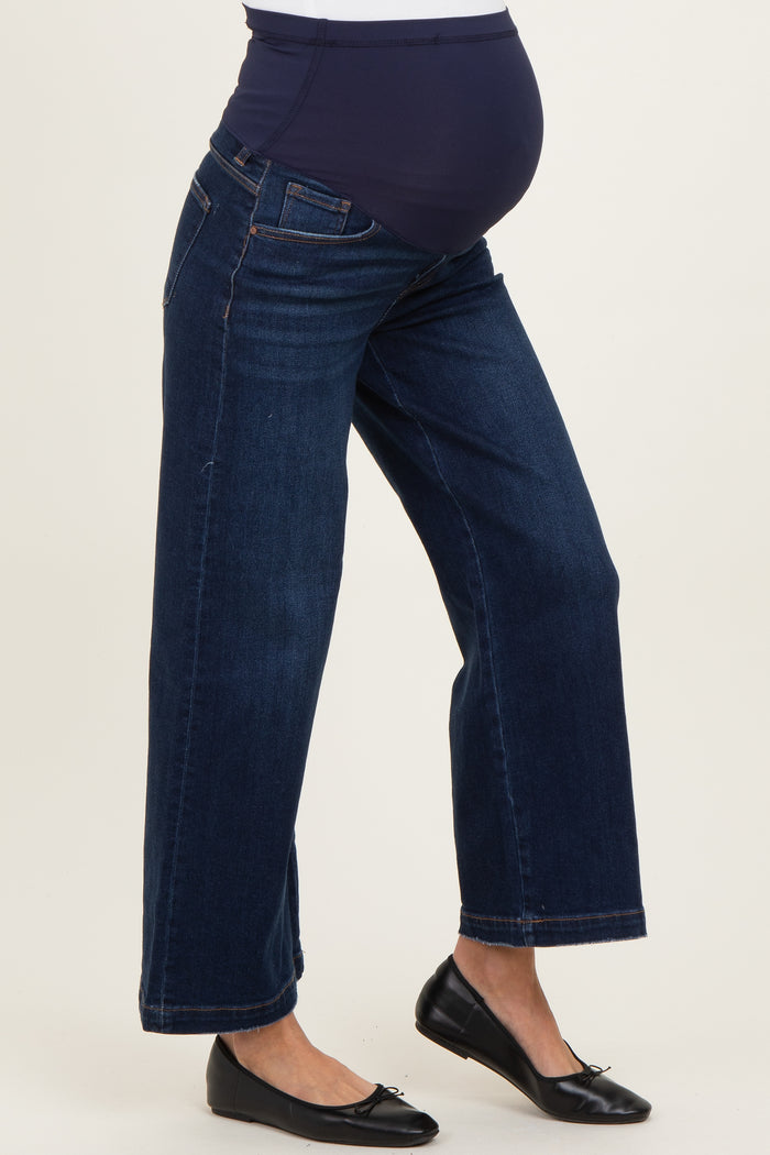 Navy Dark Wash Cropped Maternity Wide Leg Jeans