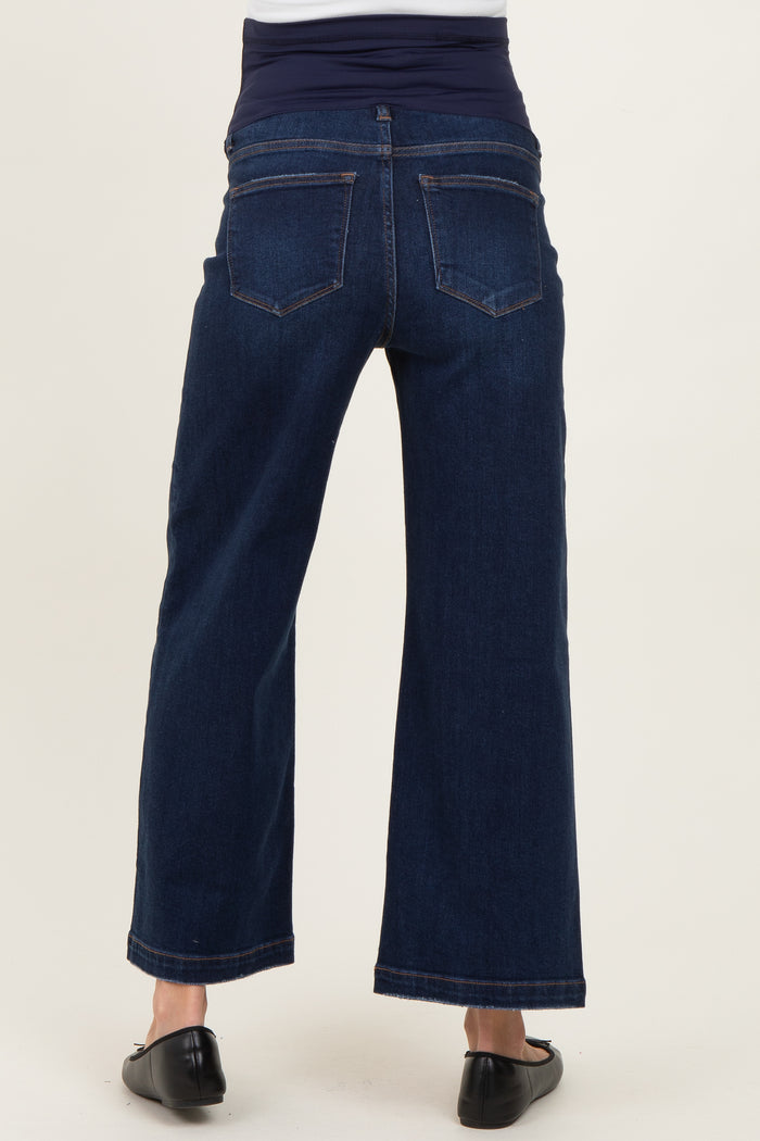 Navy Dark Wash Cropped Maternity Wide Leg Jeans