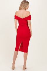 Red Off Shoulder Fitted Midi Dress