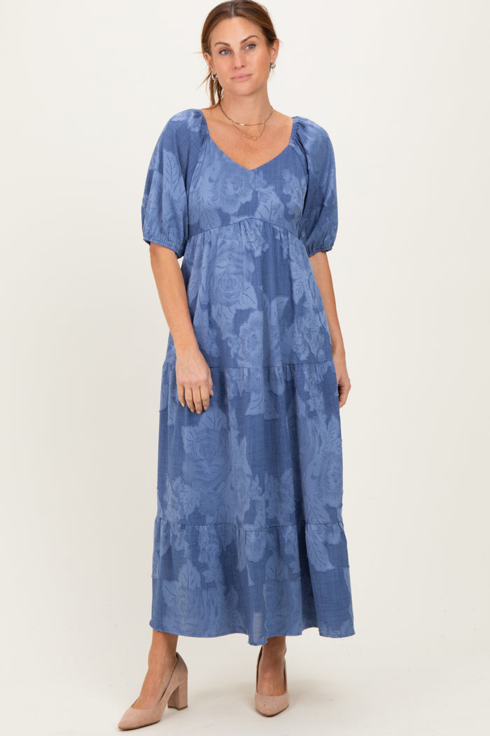 Blue Floral Textured Tiered Midi Maternity Dress
