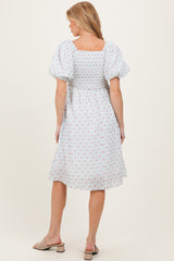 Green Floral Smocked Puff Sleeve Maternity Dress