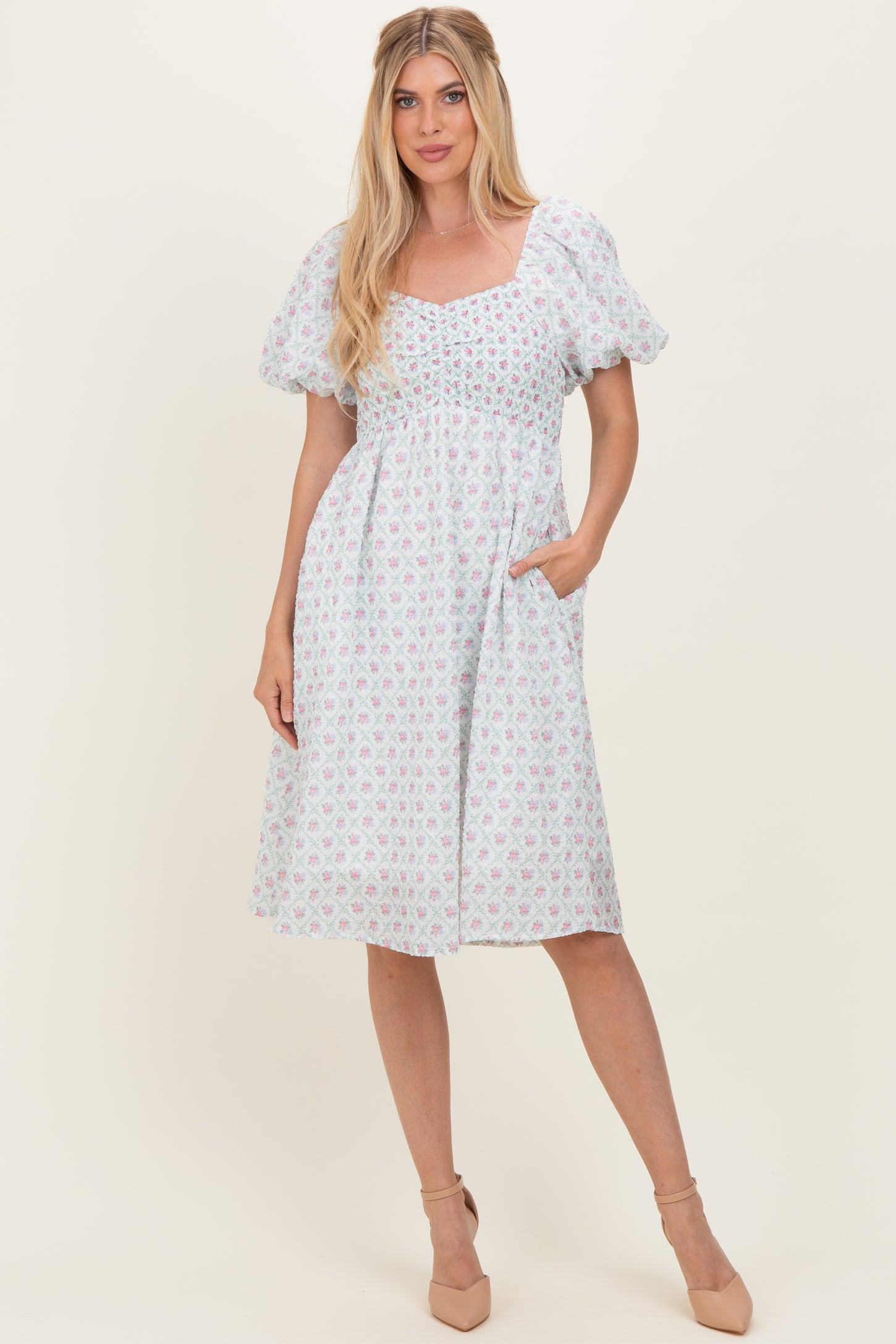 Green Floral Smocked Puff Sleeve Dress