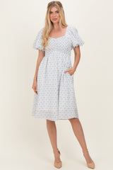 Green Floral Smocked Puff Sleeve Dress