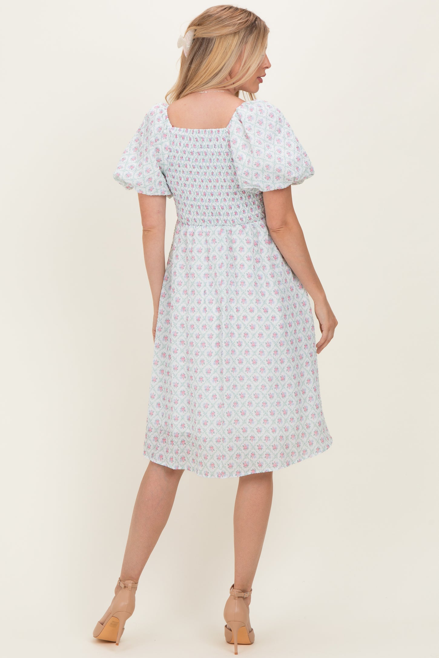 Green Floral Smocked Puff Sleeve Dress