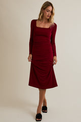 Burgundy Square Neck Long Sleeve Ruched Midi Dress