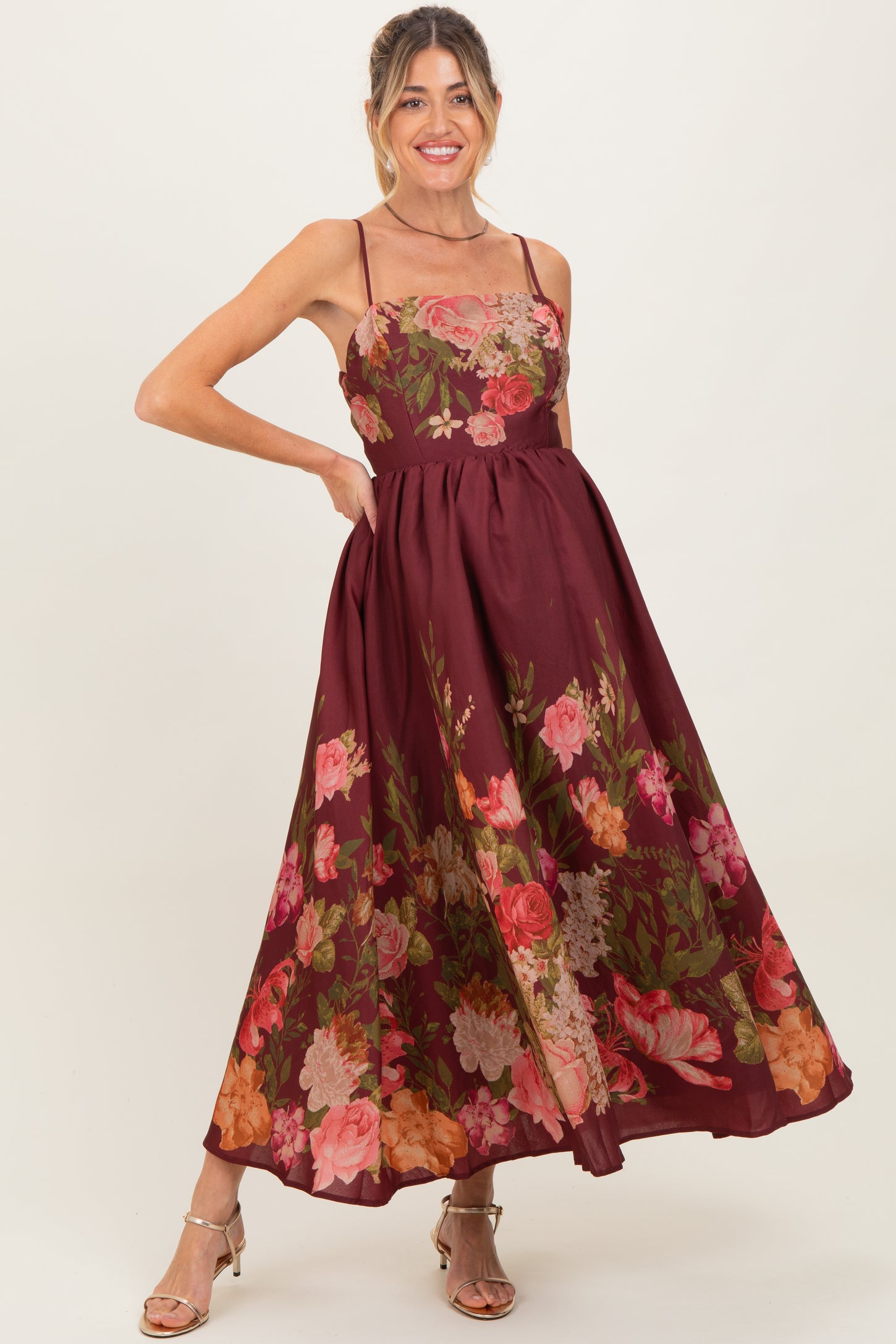 Burgundy Floral Thin Strap Maternity Maxi Dress