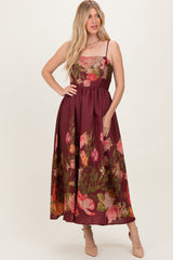 Burgundy Floral Thin Strap Maternity Maxi Dress