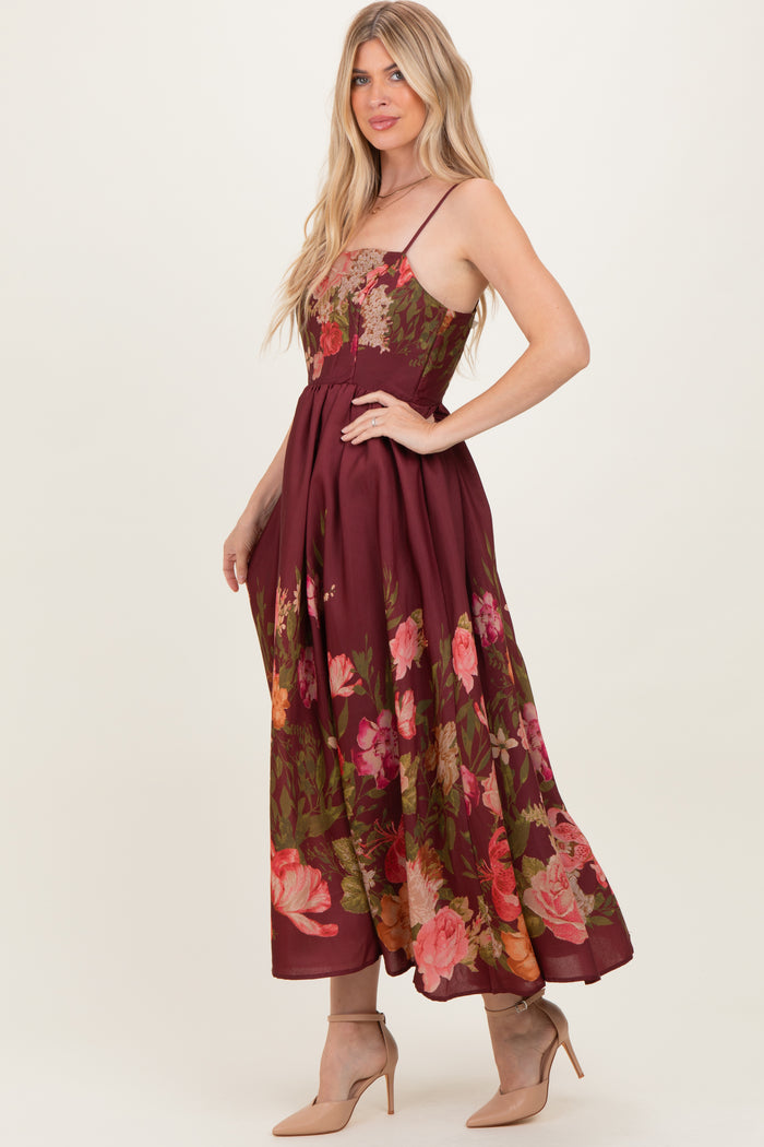 Burgundy Floral Thin Strap Maxi Dress