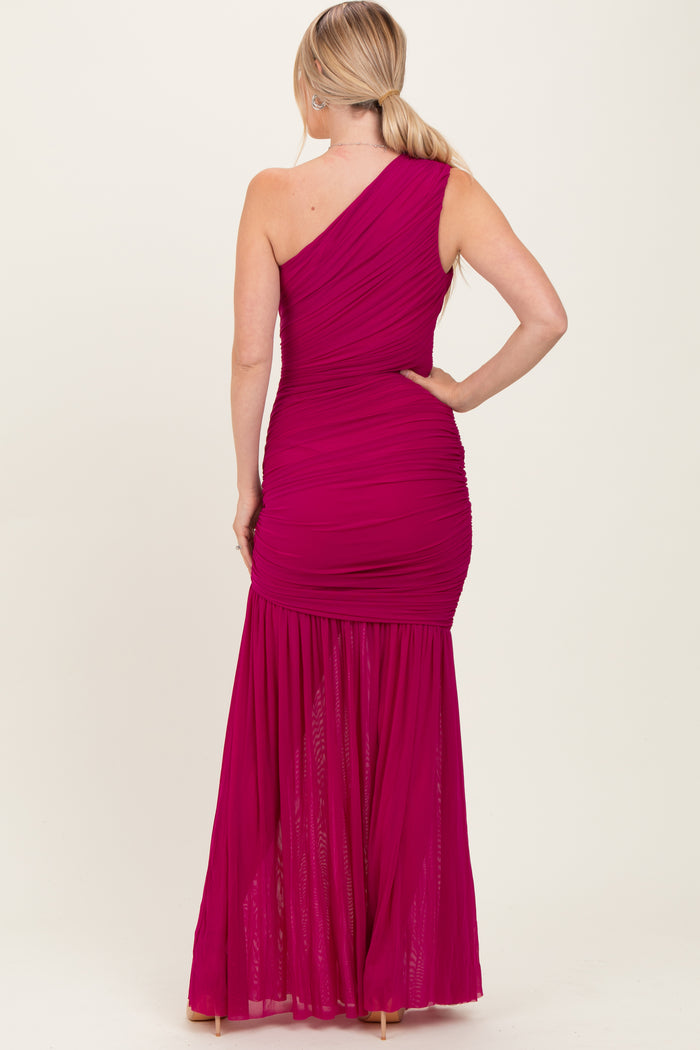 Deep Magenta Ruched Mesh One Shoulder Maxi Dress