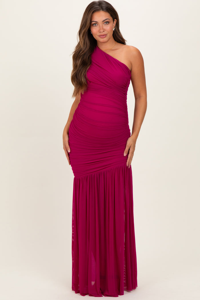 Deep Magenta Ruched Mesh One Shoulder Maternity Maxi Dress