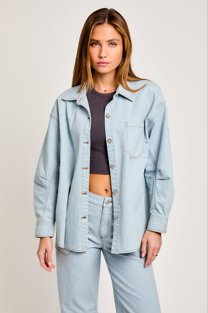 Denim-White Stripe Oversized Shacket