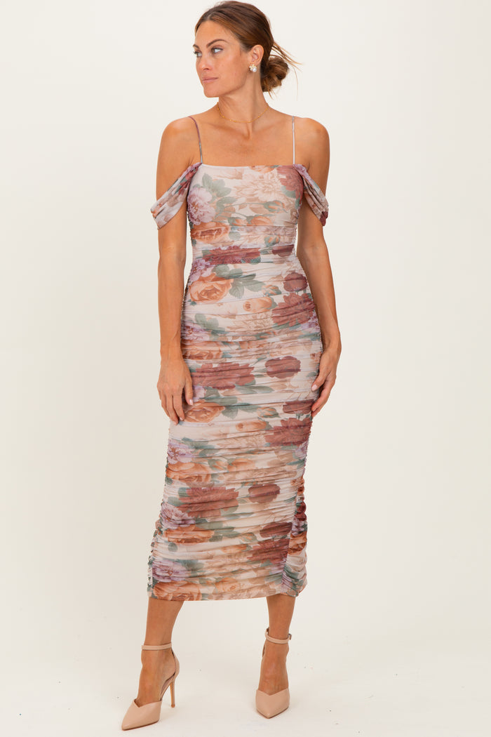 Taupe Floral Ruched Midi Dress