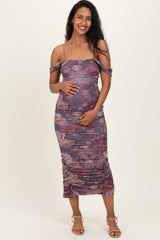 Lavender Floral Ruched Midi Maternity Dress