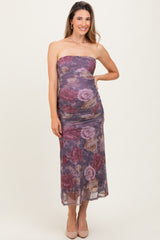 Lavender Floral Strapless Ruched Midi Maternity Dress
