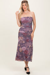 Lavender Floral Strapless Ruched Midi Dress