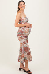 Taupe Floral Strapless Ruched Midi Maternity Dress