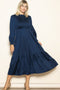 Navy Mock Neck Satin Smocked Chest Dress