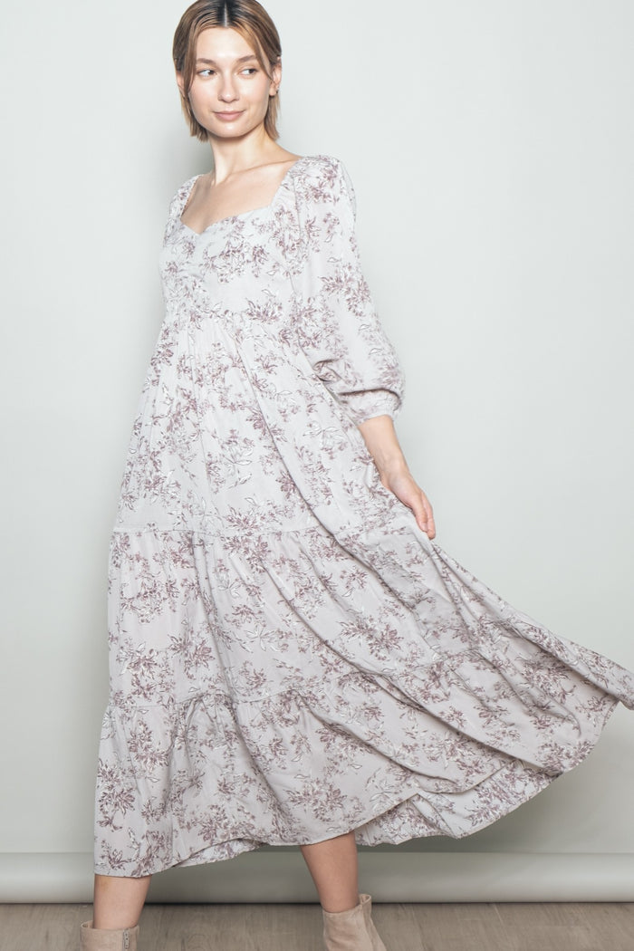 White Grey Antique Floral Neck Maxi Dress