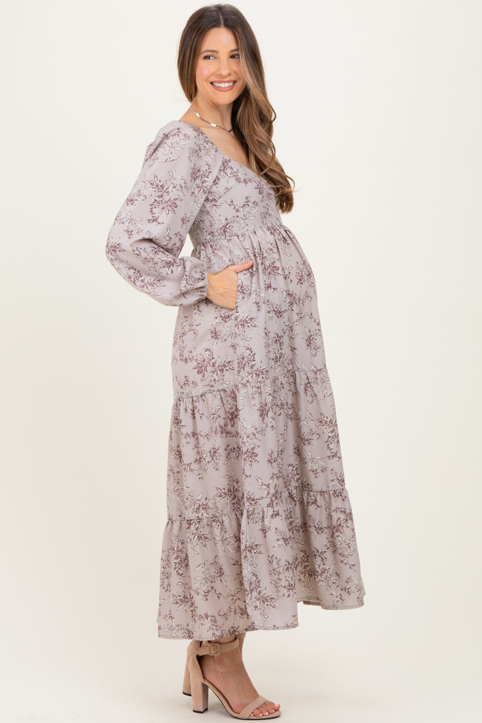 White Grey Antique Floral Neck Maternity Maxi Dress