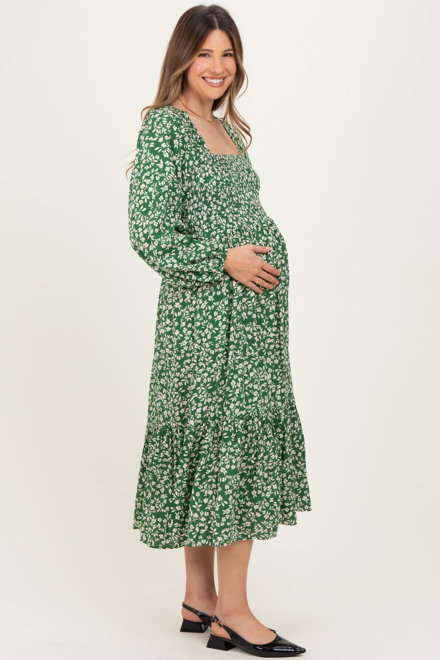 Green Floral Square Neck Maternity Maxi Dress