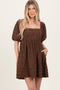 Mocha Floral Corduroy Puff Sleeve Babydoll Mini Dress
