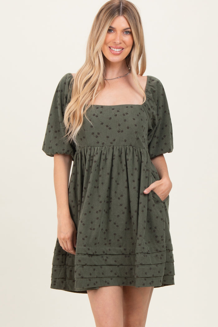 Olive Floral Corduroy Puff Sleeve Babydoll Mini Maternity Dress