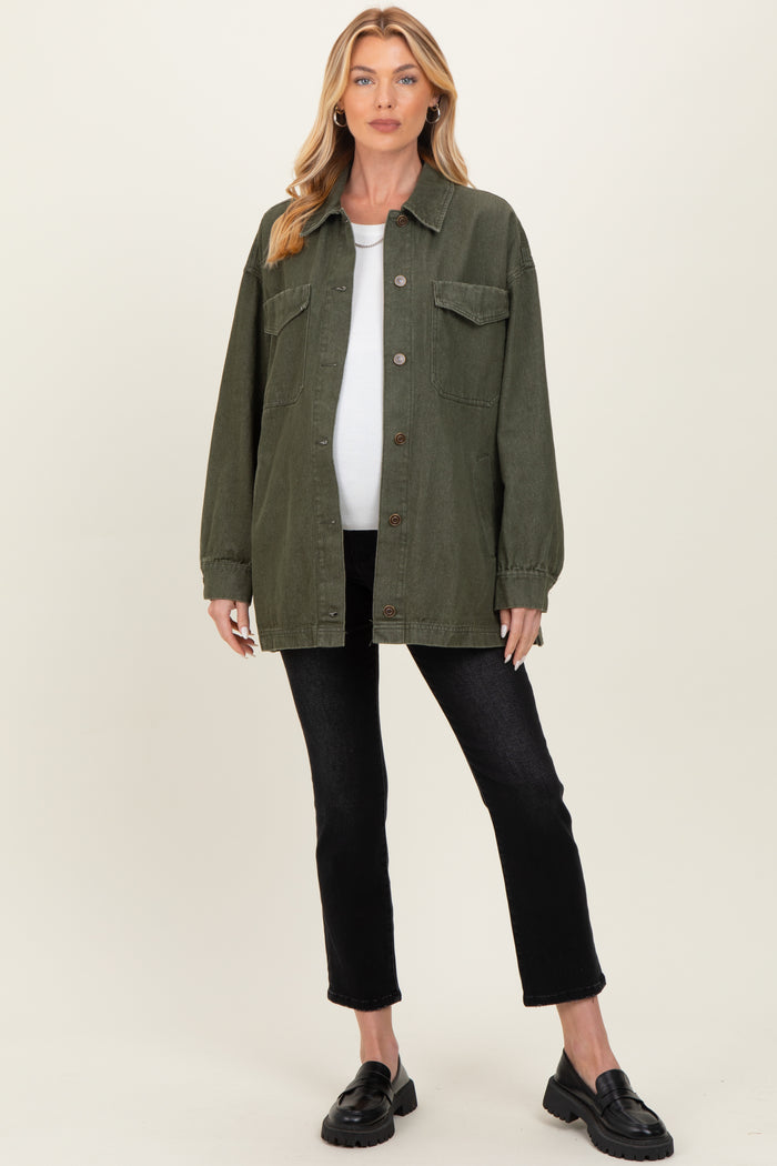 Olive Garment Washed Utility Maternity Jacket