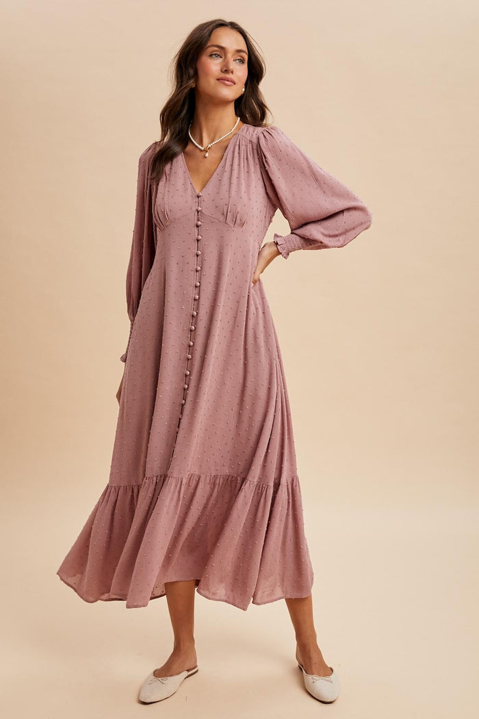 Rose Swiss Dot Button Down Maxi Dress