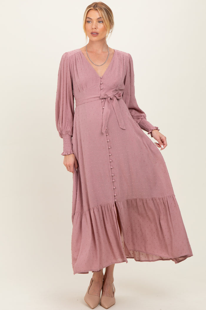 Rose Swiss Dot Button Down Maternity Maxi Dress